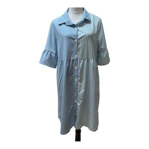 GOMORN Womens Blue Striped Colorblock Shirt Dress Flare‎ Sleeve Button Up XL